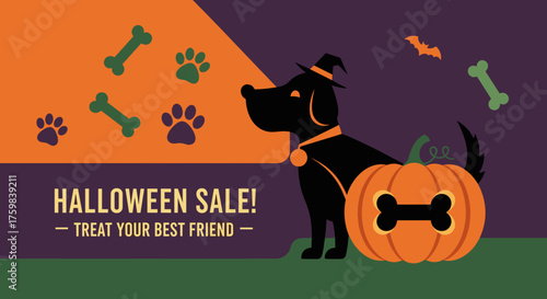 Playful Halloween pet sale banner with a dog in a witch hat pumpkin bones and paw prints Ideal for retail promotions
