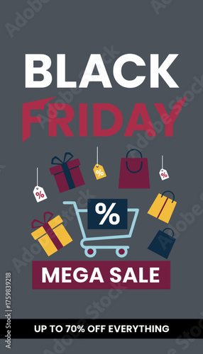 Black Friday Mega Sale graphic with shopping cart gift boxes and discount tags Retail promotion