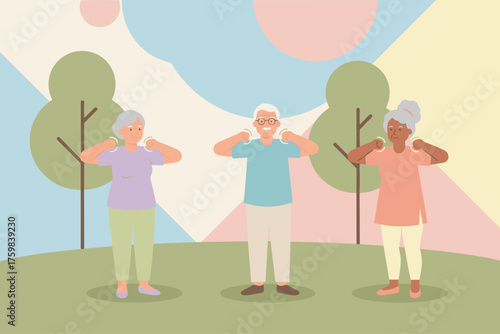 Diverse seniors exercising outdoors promoting healthy aging and an active lifestyle