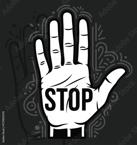 White hand with the word STOP