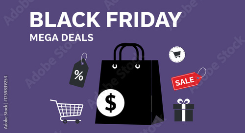 Black Friday mega deals banner with shopping bag discount tags and cart on a purple background