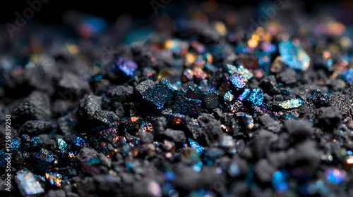 Raw molybdenum ore crystals on black shale with metallic reflections,showcasing strategic mineral resources and clean energy materials for industrial use.