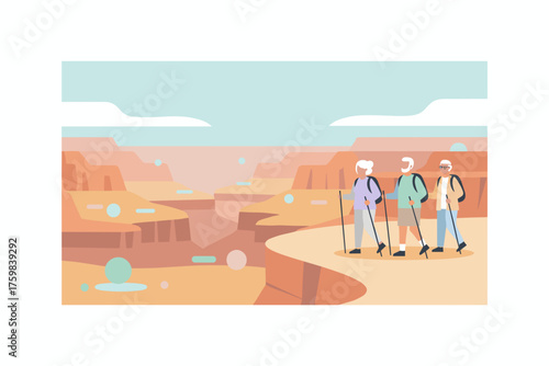 Active seniors hiking through a vast desert canyon enjoying nature and healthy lifestyle together
