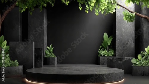 A minimalist black stage with trees, greenery, and stone blocks. Illuminated round podium