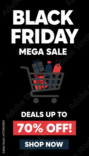 Black Friday Mega Sale banner with shopping cart gifts and 70 off discount Shop now