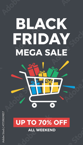 Black Friday Mega Sale banner with shopping cart full of colorful gift boxes big savings event