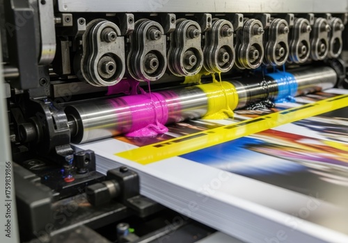 High-speed printing press in action with vibrant cyan magenta yellow and black inks