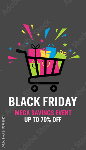 Black Friday Mega Savings Event with a shopping cart gifts and confetti perfect for retail sales