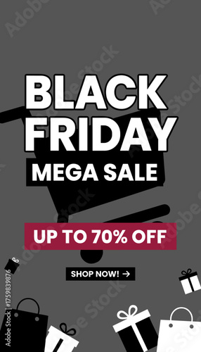 Black Friday Mega Sale banner with shopping cart bags and gifts Great for promotions