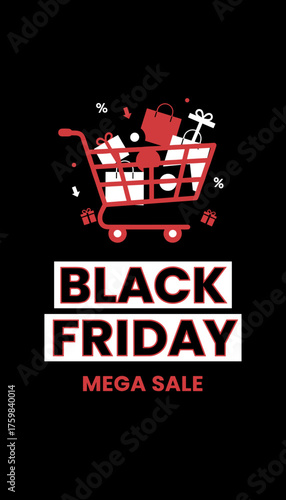 Black Friday Mega Sale banner with shopping cart gifts and discount symbols for promotions
