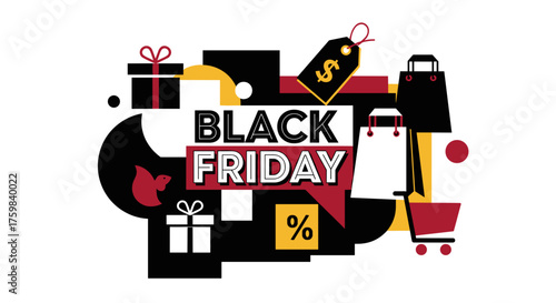 Black Friday sale banner graphic featuring abstract shapes shopping bags and discount symbols