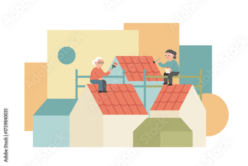 Two women painting house roofs together symbolizing home improvement and community spirit