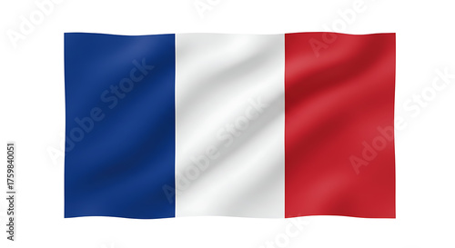 A waving french flag with blue white and red vertical stripes on a plain white background image view