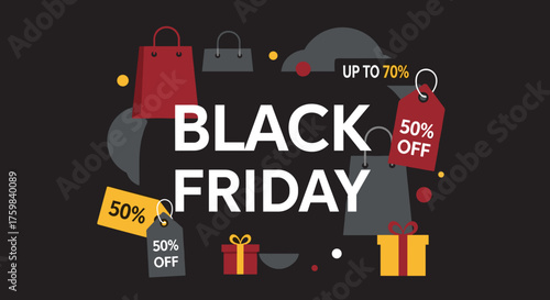 Black Friday sale banner with shopping bags and discount tags Commercial promotion design