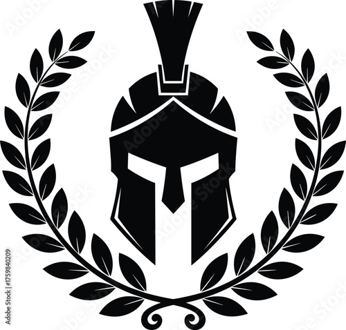 Spartan warrior helmet silhouette, Roman centurion crest, laurel wreath emblem, ancient military symbol, victory icon, bold black vector illustration