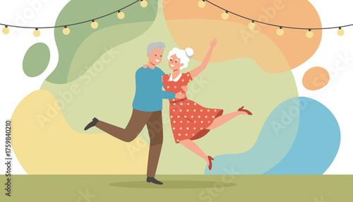 Happy elderly couple dancing joyfully under string lights celebrating life and love