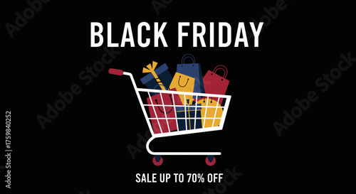 Black Friday sale graphic with shopping cart full of gifts and bags Up to 70 off promotion