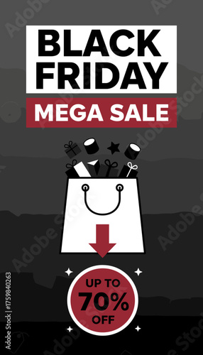 Black Friday Mega Sale banner with shopping bag gifts and up to 70 off discount promotion