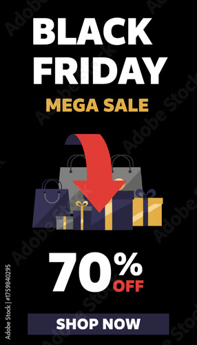 Black Friday Mega Sale with 70 off featuring shopping bags and gift boxes Shop now