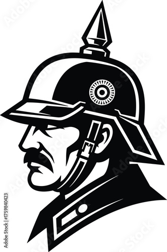 Prussian soldier profile vector, Pickelhaube helmet illustration, historical military icon, German Empire officer silhouette, vintage war uniform graphic, bold line art
