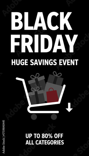 Black Friday sale with shopping cart full of gift boxes Up to 80 off huge savings