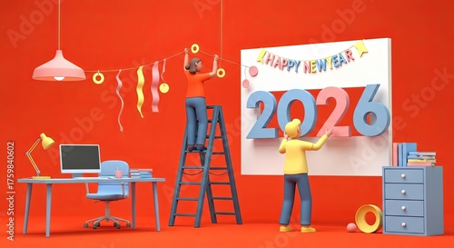 Two stylized people in a red office decorating a wall with a Happy New Year 2026 sign.