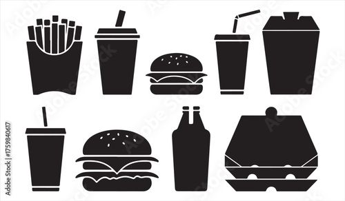 Set of Fast Food Silhouettes with Burgers, Fries, and Drinks Vector