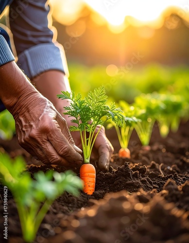 Close-up of hands tending to carrots in a sunlit garden, showcasing growth and fresh produce
