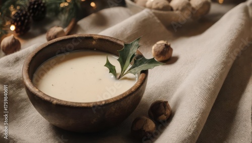 Fototapeta Naklejka Na Ścianę i Meble -  Creamy Chestnut Soup with Holly Garnishment in Rustic Bowl.