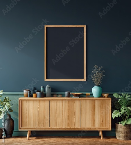 Wallpaper Mural An elegant room interior shows a wooden cabinet with plants and a framed poster on a wall Torontodigital.ca