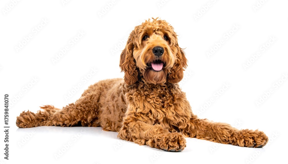 Fototapeta premium Adorable Golden Doodle Dog Relaxing on White Background.