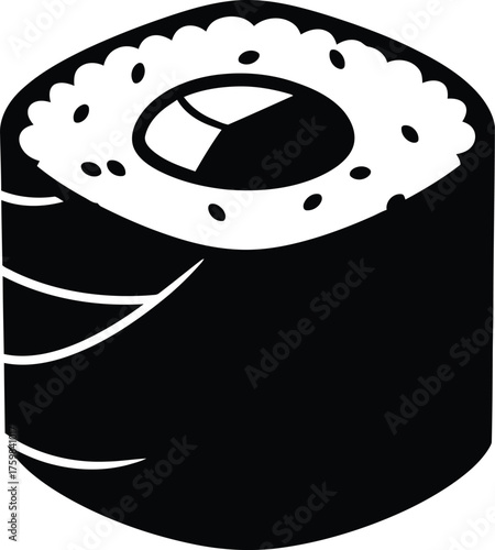 Adobe Illustrator Artwork Minimalist Sushi Roll Icon in Black and White - Japanese Food Vector Illustration for Restaurants
