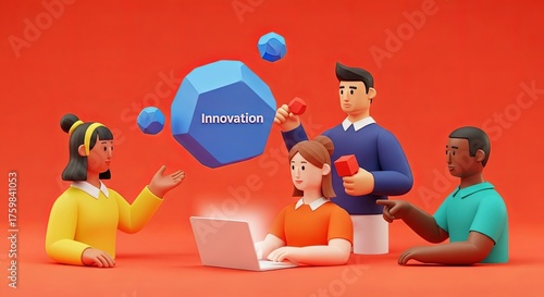 A diverse team of 3D characters collaborates around a laptop, brainstorming ideas for business innovation.