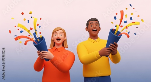 Joyful diverse couple celebrating an achievement with party poppers and colorful confetti in a 3D illustration style.