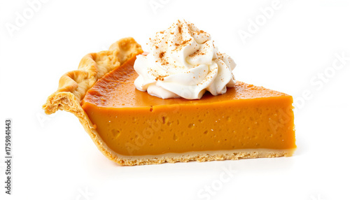 Slice of pumpkin pie with whipped cream on white background for Thanksgiving Day  