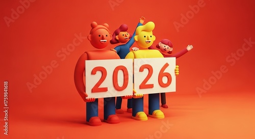 A group of colorful, cheerful 3D cartoon characters holding up signs that say 2026, celebrating the upcoming new year.