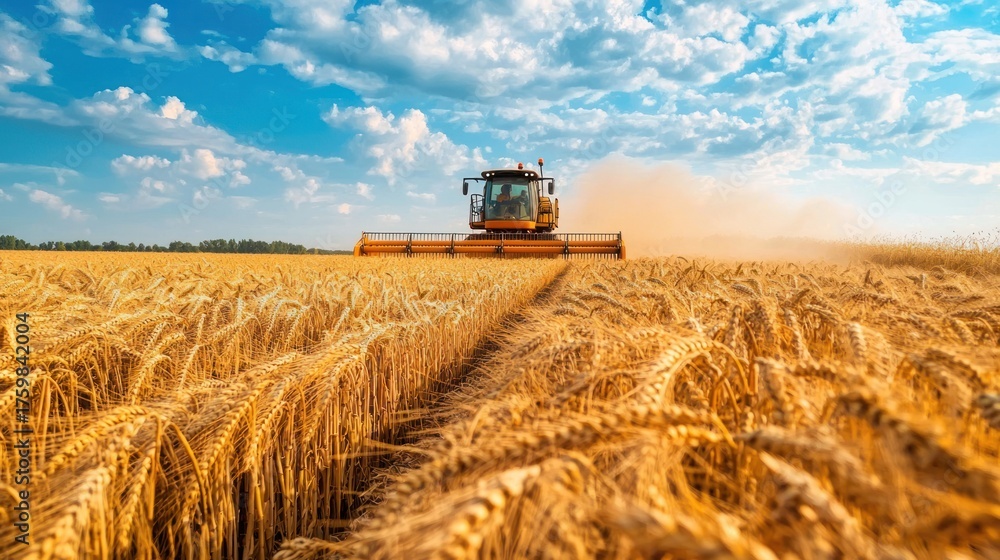Fototapeta premium A combine harvester in a wheat field, harvesting crops under a blue sky with white clouds.