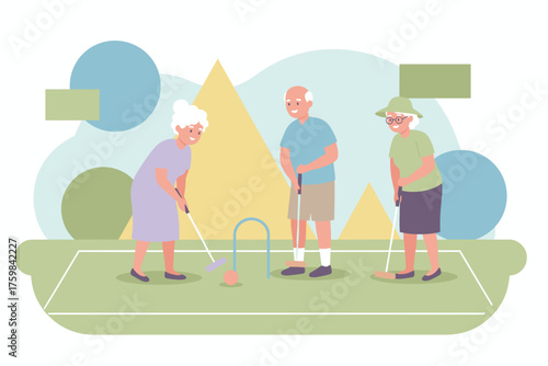 Happy seniors play croquet outdoors promoting active retirement healthy lifestyle and friendship