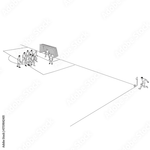simple line art vector illustration of Soccer match scene showing a corner kick moment