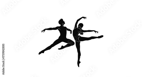 Elegant ballet dancers in dynamic poses captured in stylish silhouettes on a minimalist white background