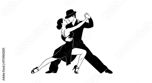 Passionate couple dancing tango in classic style captured in stylish silhouettes on a white background