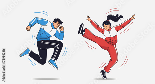 Energetic dancers showcasing hip-hop moves in colorful athletic outfits against a light gray background