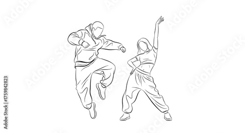 Hip-hop dancers in energetic poses illustrated in fine line art on a clean white background with copy space