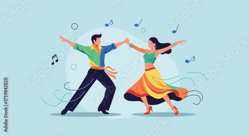 Energetic couple dancing salsa with vibrant outfits against a light blue background featuring musical notes