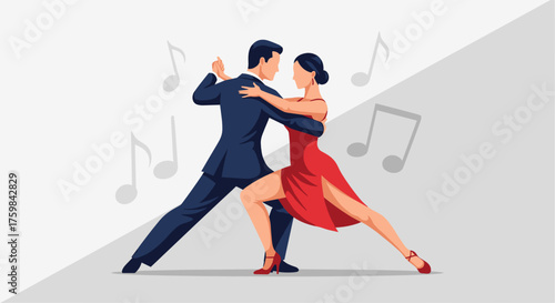 Passionate couple performing tango dance in elegant outfits against a music-themed background
