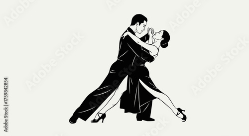 Elegant couple performing a passionate tango dance in stylish silhouettes on a soft background