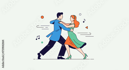 Elegant couple performing a romantic dance with vibrant outfits against a soft pastel background