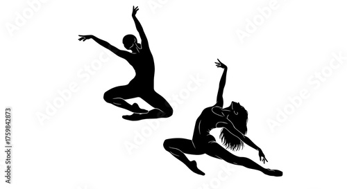 Graceful dancers in dynamic poses captured in elegant silhouettes on a minimalist background with copy space