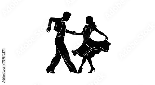 Stylish couple dancing gracefully in a ballroom silhouette on a clean white background with copy space