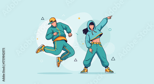 Two hip-hop dancers showcasing dynamic moves in stylish outfits against a light blue background